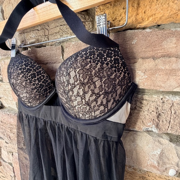 Victoria Secret Black Lace Tulle Babydoll Chemise Padded Halter Bra 36D LINGERIE - Picture 5 of 12